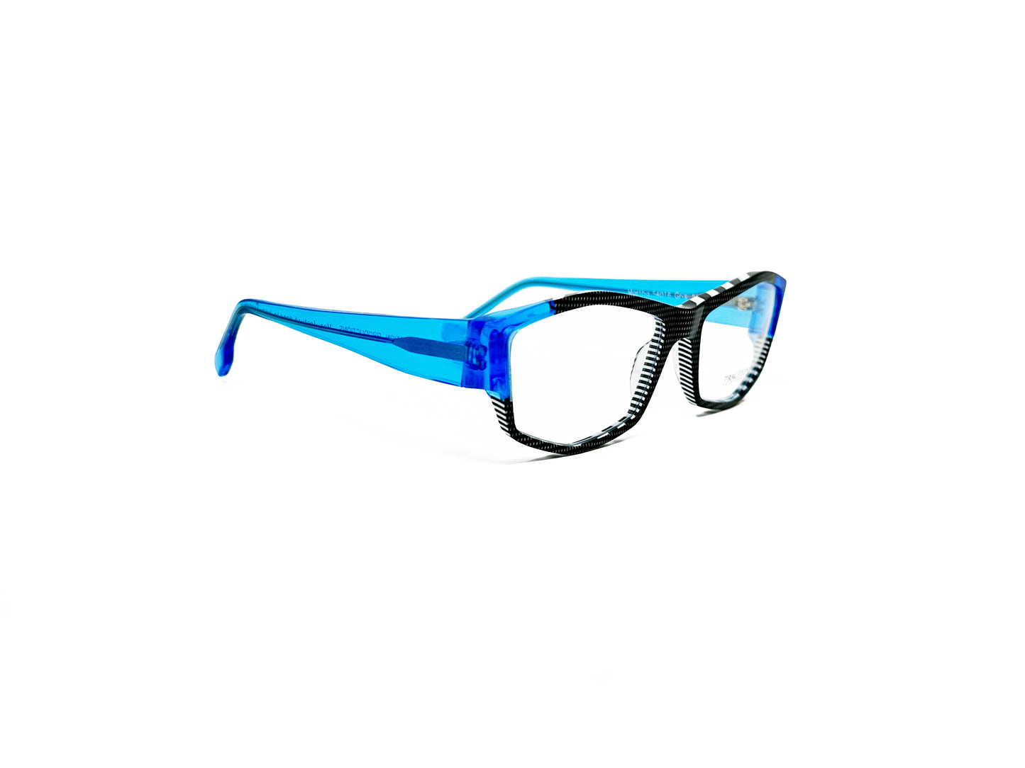 Traction angular acetate optical frame. Model: Martha. Color: Gris Bleu - Black and white polka dots with blue on corners and temples. Side view.