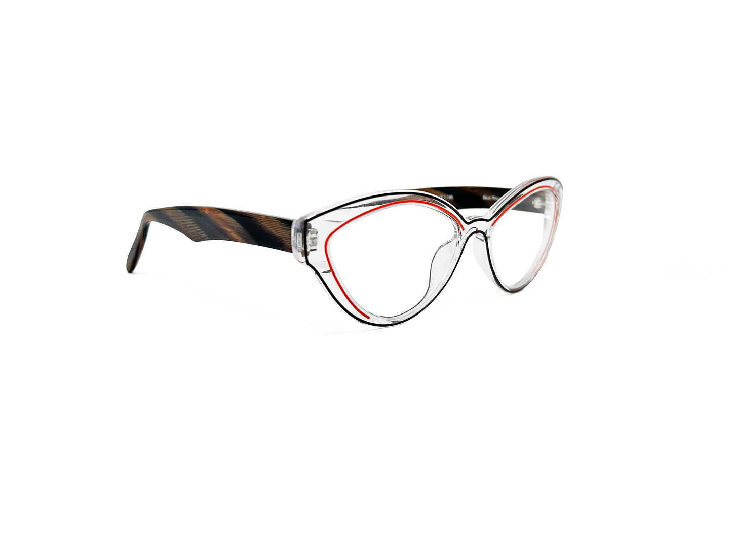 Traction Productions acetate cat-eye optical frame. Model: Okhotsk. Color: Brun Rouge- Clear with red lining and brown striped temples. Side view.