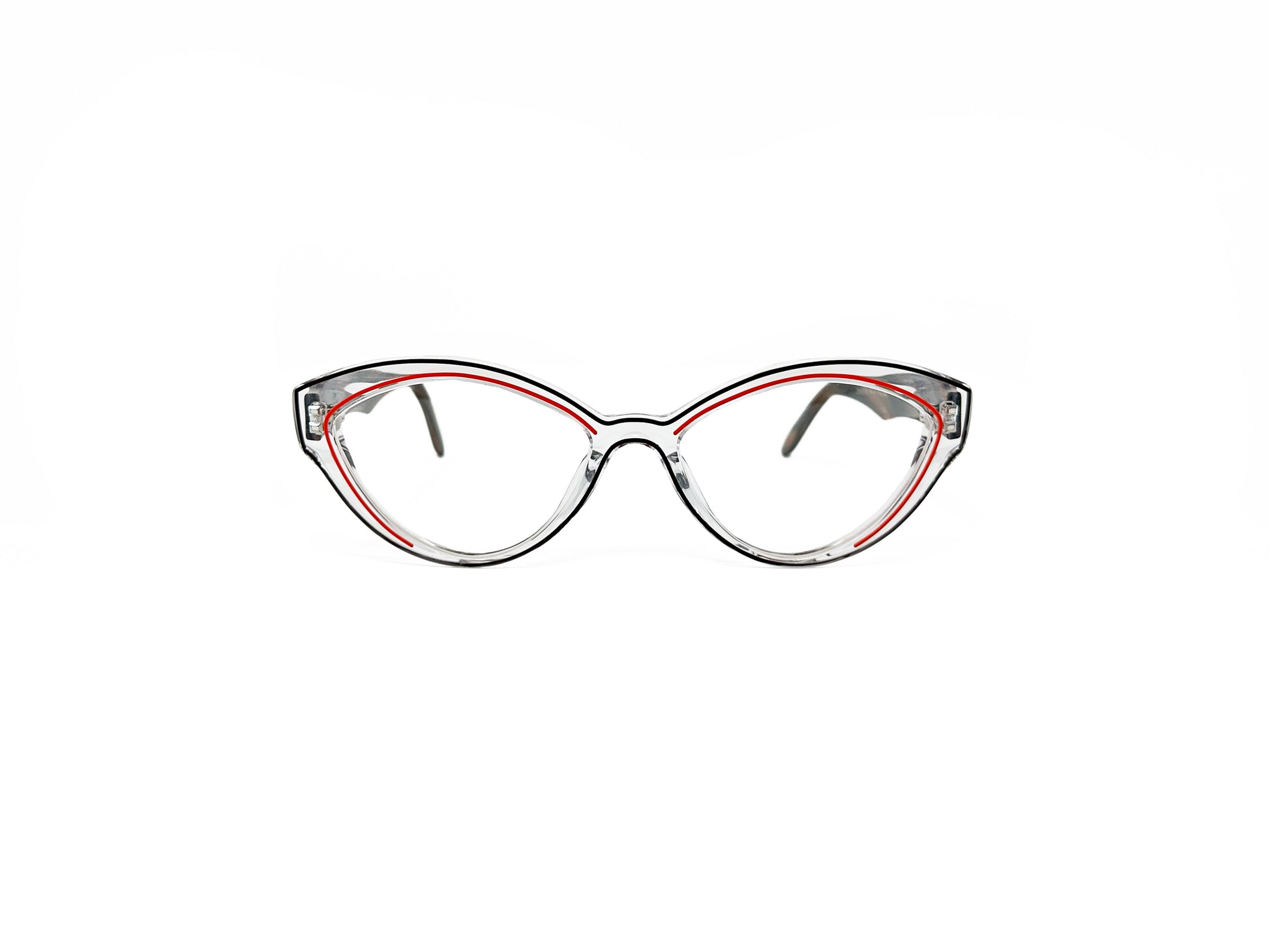 Traction Productions acetate cat-eye optical frame. Model: Okhotsk. Color: Brun Rouge- Clear with red lining. Front view. 