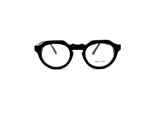 Traction Productions round, flat-top, acetate optical frame with keyhole bridge. Model: Otani. Color: Noir Matte. Front view. 