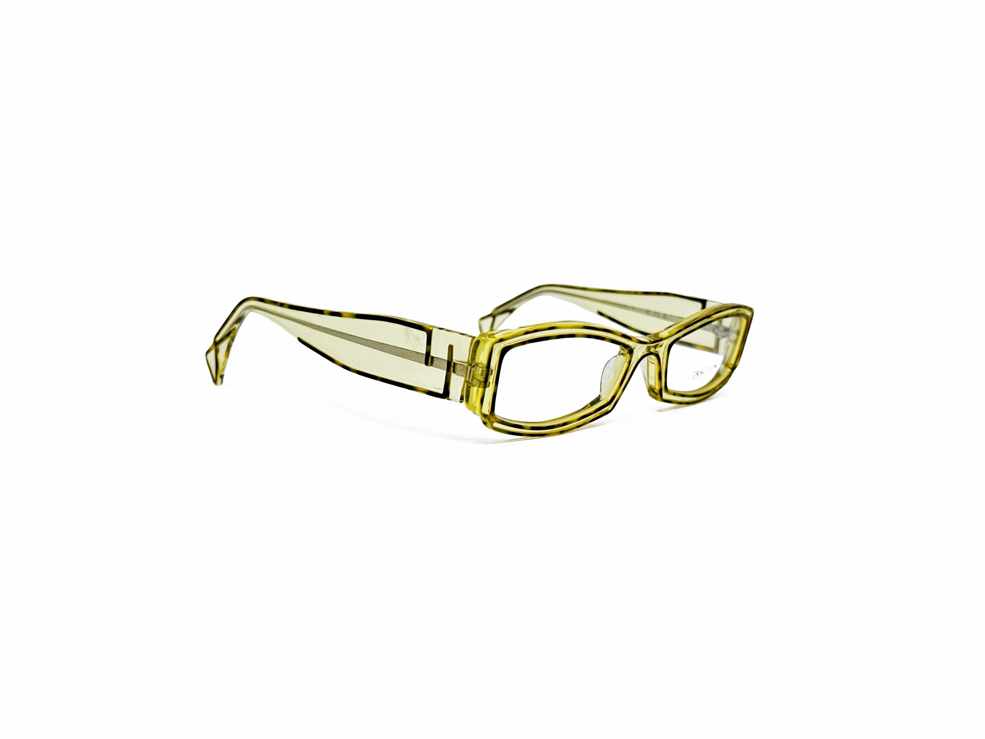 Traction curved, rectangular, acetate optical frame. Model: Palomina. Color: EC/Citron - Transparent yellow. Side view.