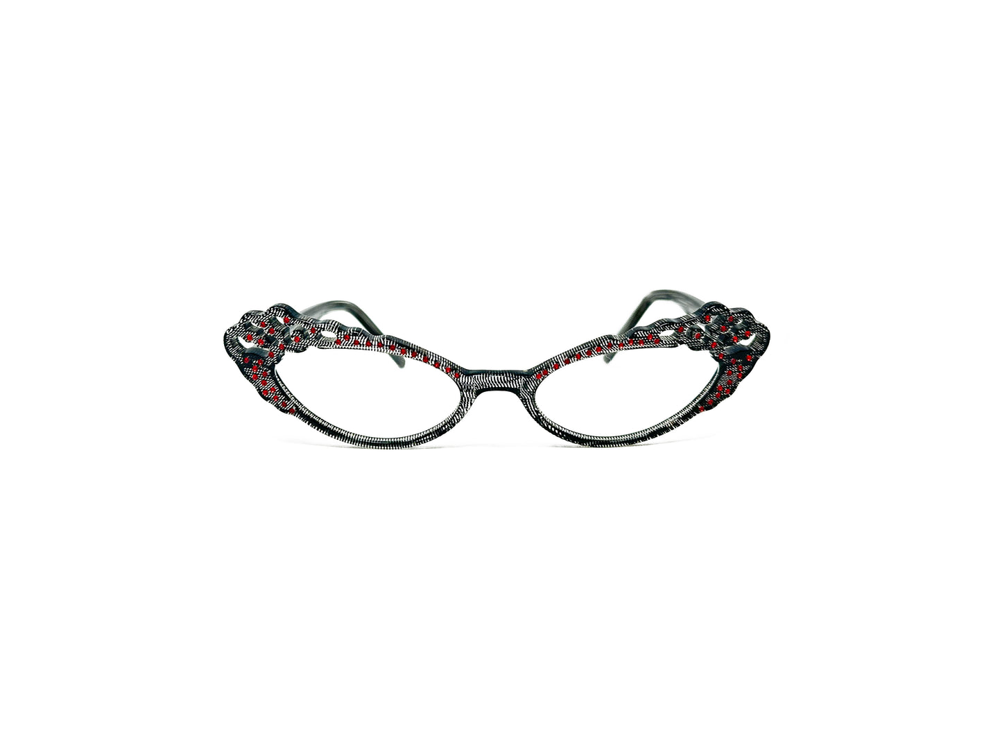 Traction acetate cateye optical frame with a wavy top and oval cut-outs. Model: Pistel. Color: Resille - Transparent with black and red dots. Front view. 