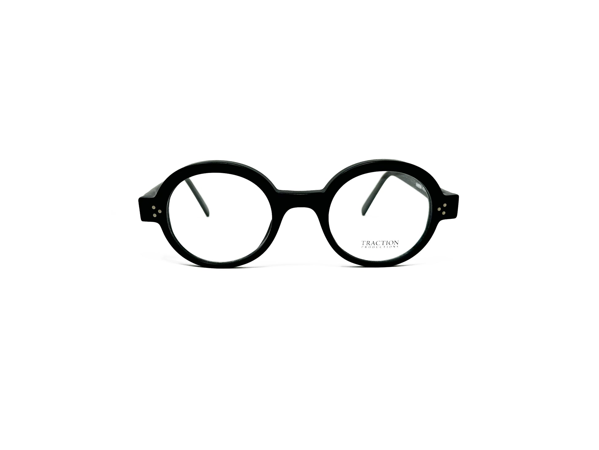 Traction Productions round acetate optical frame with three dots on front of temples. Model: Riviera. Color: Ebene - Black. Front view. 
