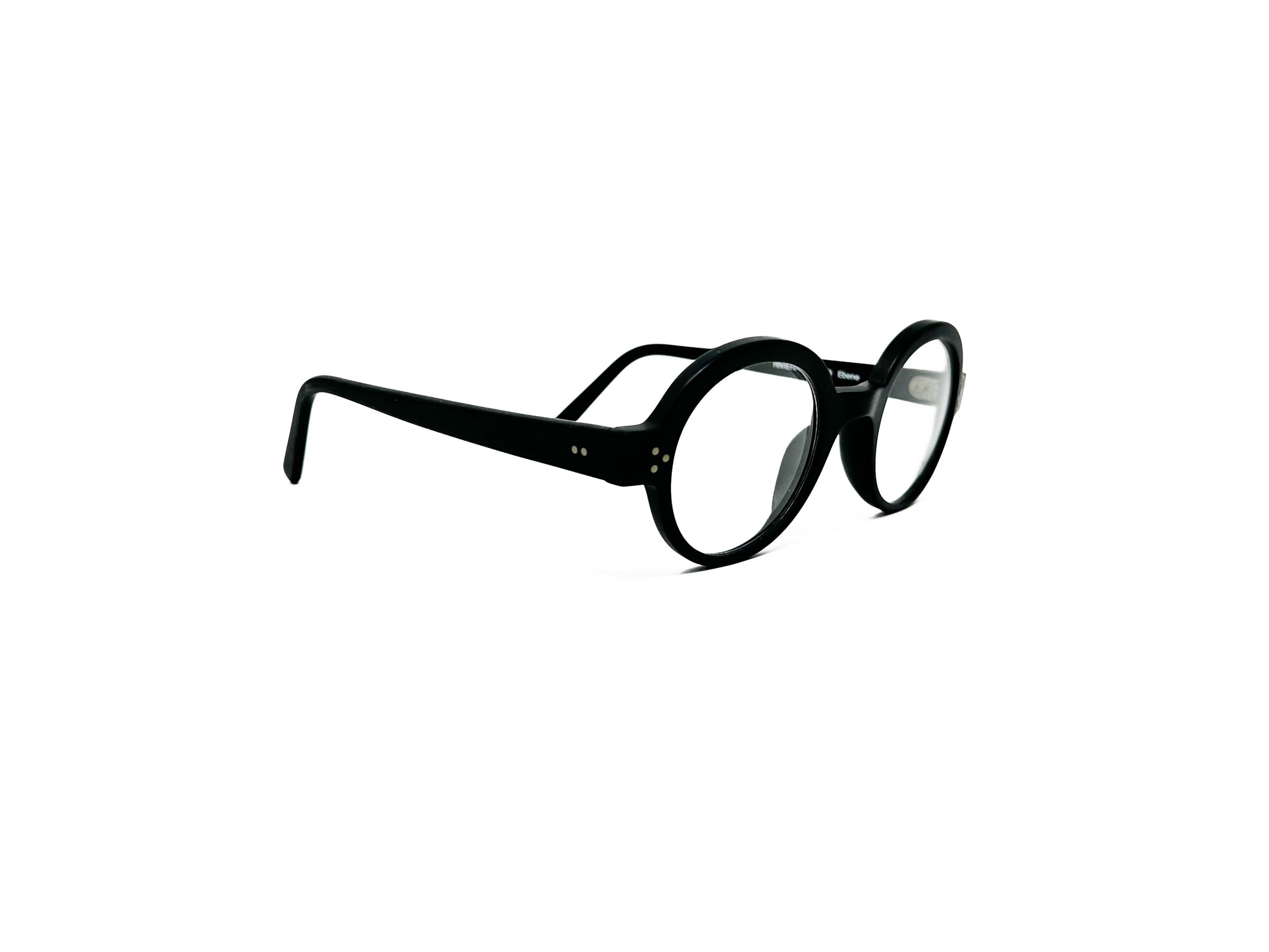 Traction Productions round acetate optical frame with three dots on front of temples. Model: Riviera. Color: Ebene - Black. Side view.
