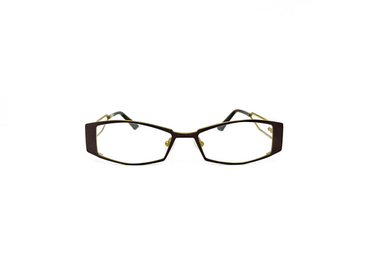 Traction Productions angled, rectangular, metal optical frame with cut-out temples. Model: Tasman. Color: Cocoagold - bronze. Front view. 