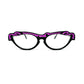 Traction Productions slight cat-eye with straight across top optical frame. Model: Traviata. Color: Fuschia - Black bottom with Fuschia swirls on top with silver screws. Front view. 
