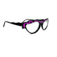 Traction Productions slight cat-eye with straight across top optical frame. Model: Traviata. Color: Fuschia - Black bottom with Fuschia swirls on top with silver screws. Side view.