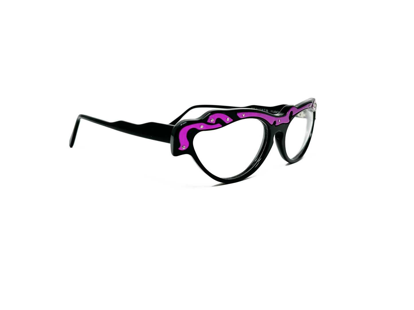 Traction Productions slight cat-eye with straight across top optical frame. Model: Traviata. Color: Fuschia - Black bottom with Fuschia swirls on top with silver screws. Side view.