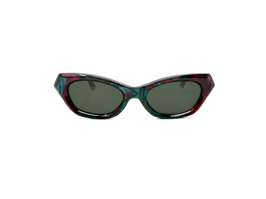 Traction Productions angular, geometric, oval, acetate sunglass. Model: Trinidad. Color: Floralie - Red and green marble pattern. Front view. 