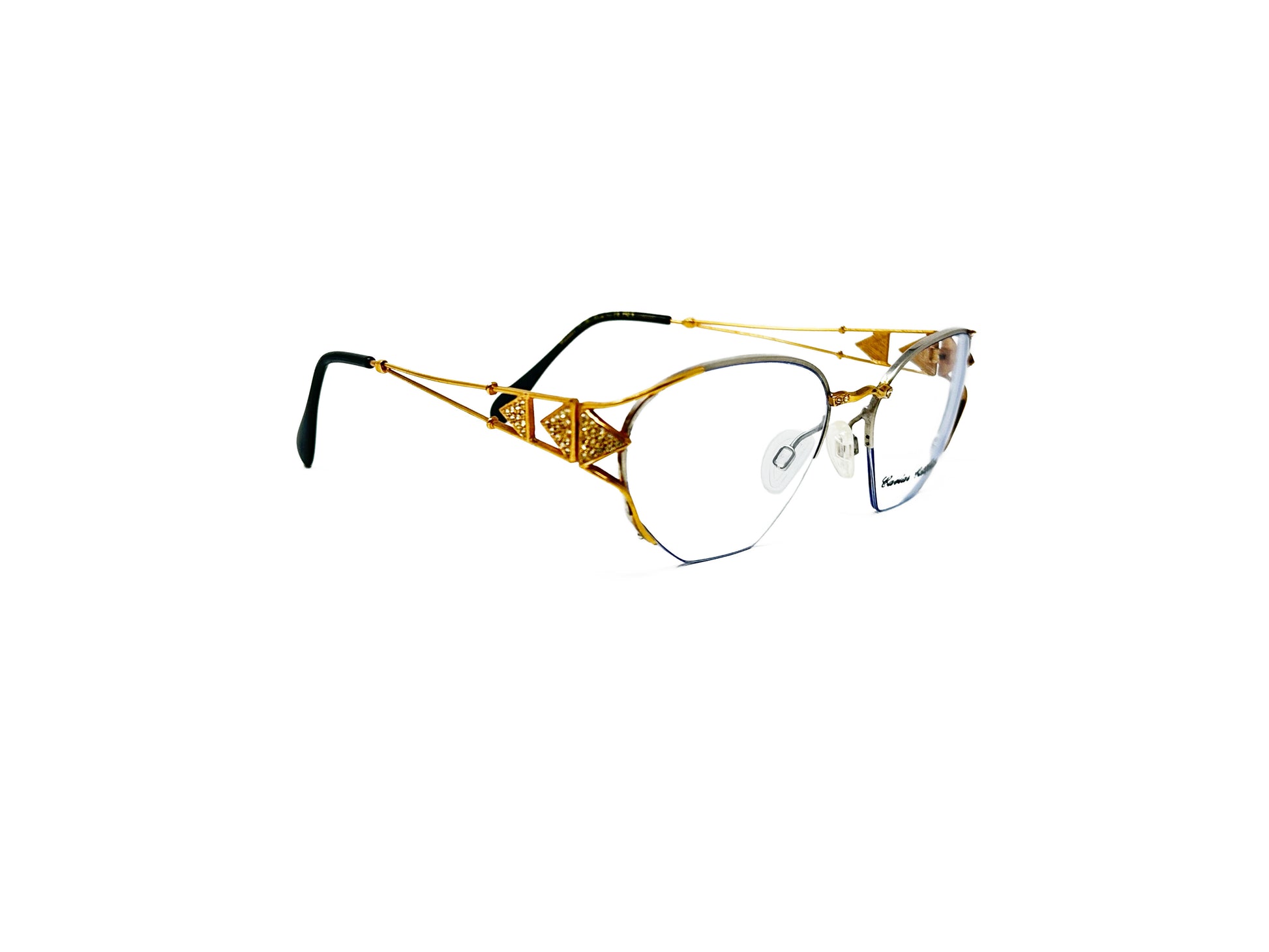 Ultra half-rim optical frame with metal ornate temples and wavy nose bridge. Model: 1893. Color: 25 Gold. Side view.