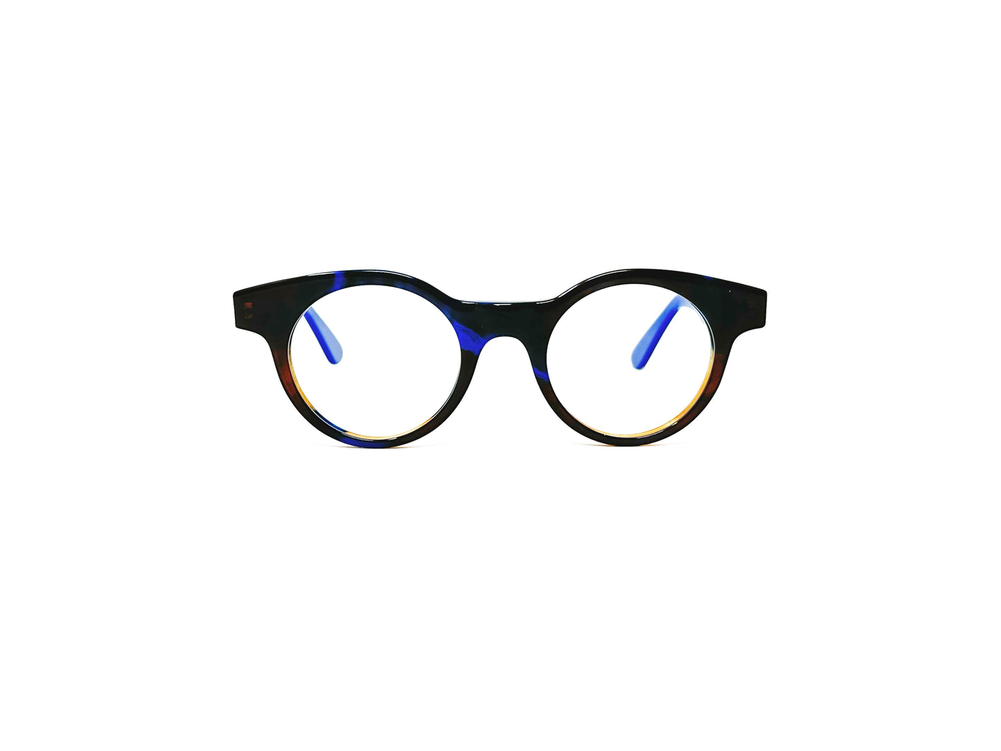 Viktlos round acetate optical frame. Model: 0590. Color: 0491 - Blue and dark brown. Front view. 