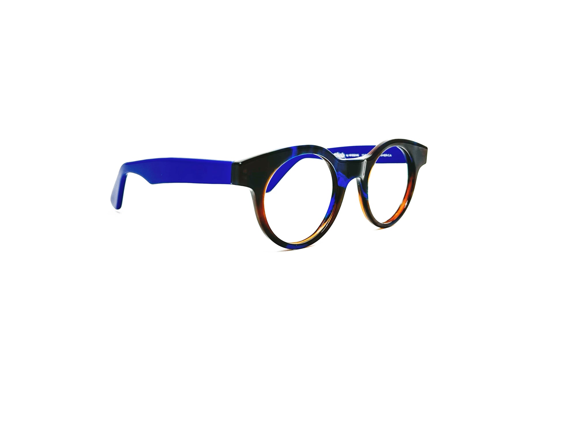 Viktlos round acetate optical frame. Model: 0590. Color: 0491 - Blue and dark brown. Side view.