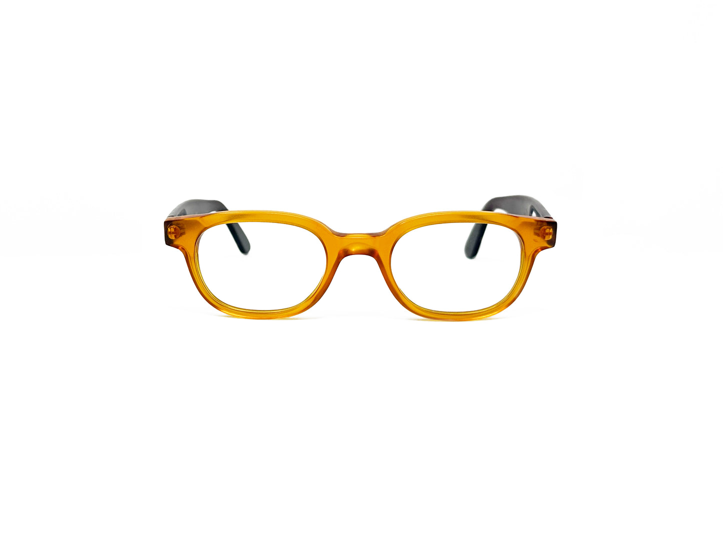 Viktlos rectangular acetate optical frame. Model: 2582. Color: 2539S/2499S - Transparent honey yellow with purple checkered temples. Front view. 