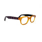Viktlos rectangular acetate optical frame. Model: 2582. Color: 2539S/2499S - Transparent honey yellow with purple checkered temples. Side view.