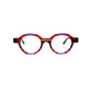 Viktlos round acetate optical frame. Model: 2969. Color: 1776/35 - Purple, red, and pink transparent stripes. Front view. 