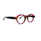 Viktlos round acetate optical frame. Model: 2969. Color: 1776/35 - Purple, red, and pink transparent stripes. Side view.