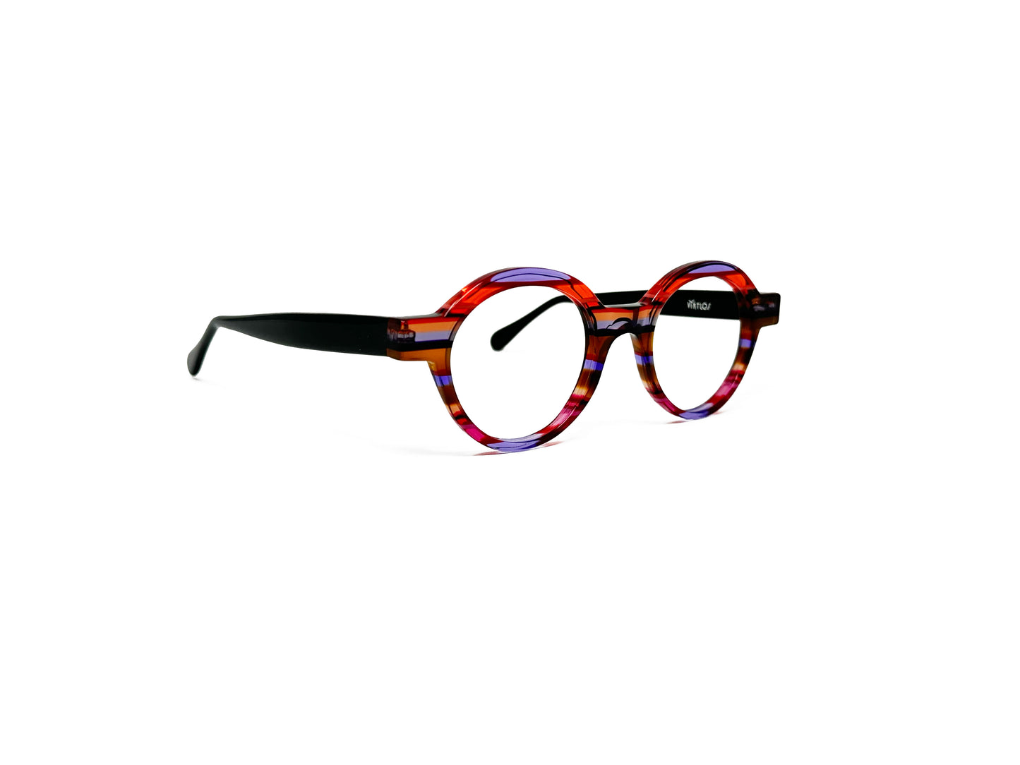 Viktlos round acetate optical frame. Model: 2969. Color: 1776/35 - Purple, red, and pink transparent stripes. Side view.