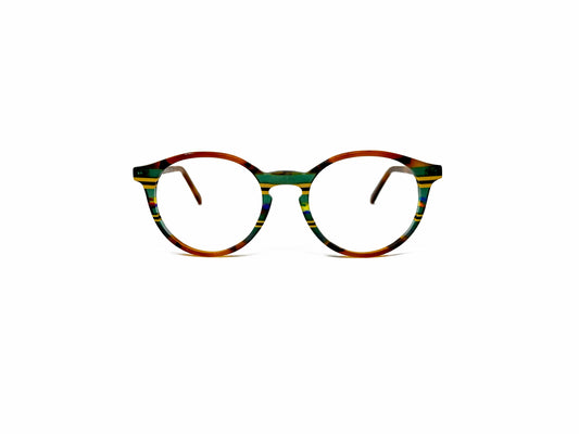 Viktlos round acetate optical frame. Model: 2973. Color: 1757RE87 - Green and yellow stripes with tortoise. Front view. 