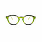 Viktlos round acetate optical frame with keyhole bridge. Model: 3058M. Color: 3333- Green stripes with slight marble pattern. Front view. 