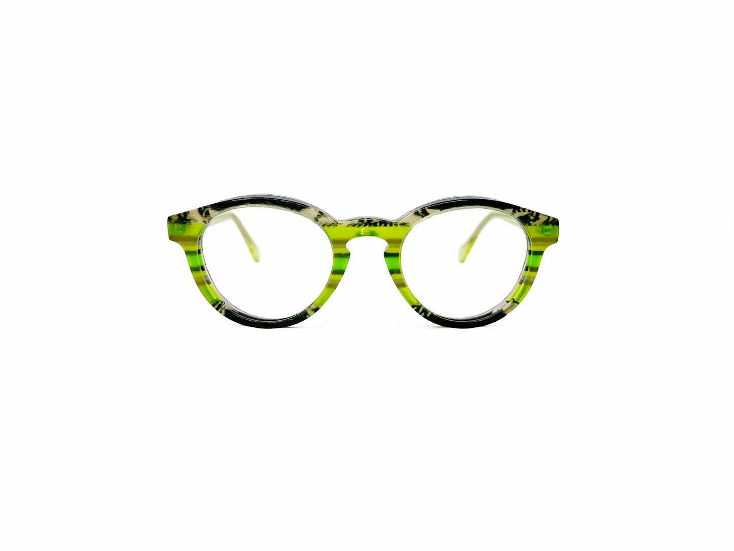 Viktlos round acetate optical frame with keyhole bridge. Model: 3058M. Color: 3333- Green stripes with slight marble pattern. Front view. 