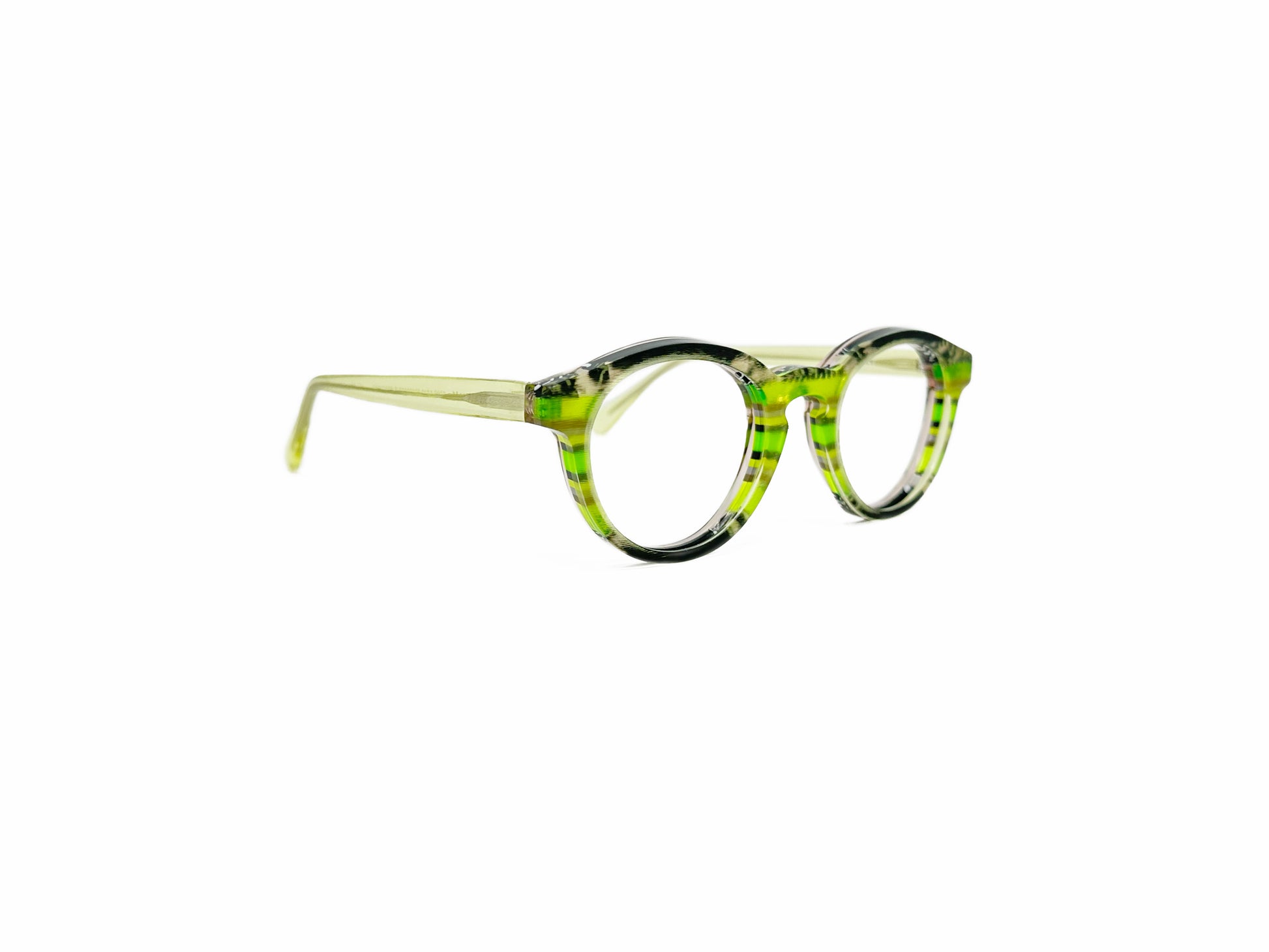 Viktlos round acetate optical frame with keyhole bridge. Model: 3058M. Color: 3333- Green stripes with slight marble pattern. Side view.