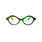 Viktlos recycled acetate, angled, wavy. cat-eye like optical frame. Model: 3100. Color: 01259 - Green and red. Front view. 