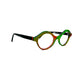 Viktlos recycled acetate, angled, wavy. cat-eye like optical frame. Model: 3100. Color: 01259 - Green and red. Side view.