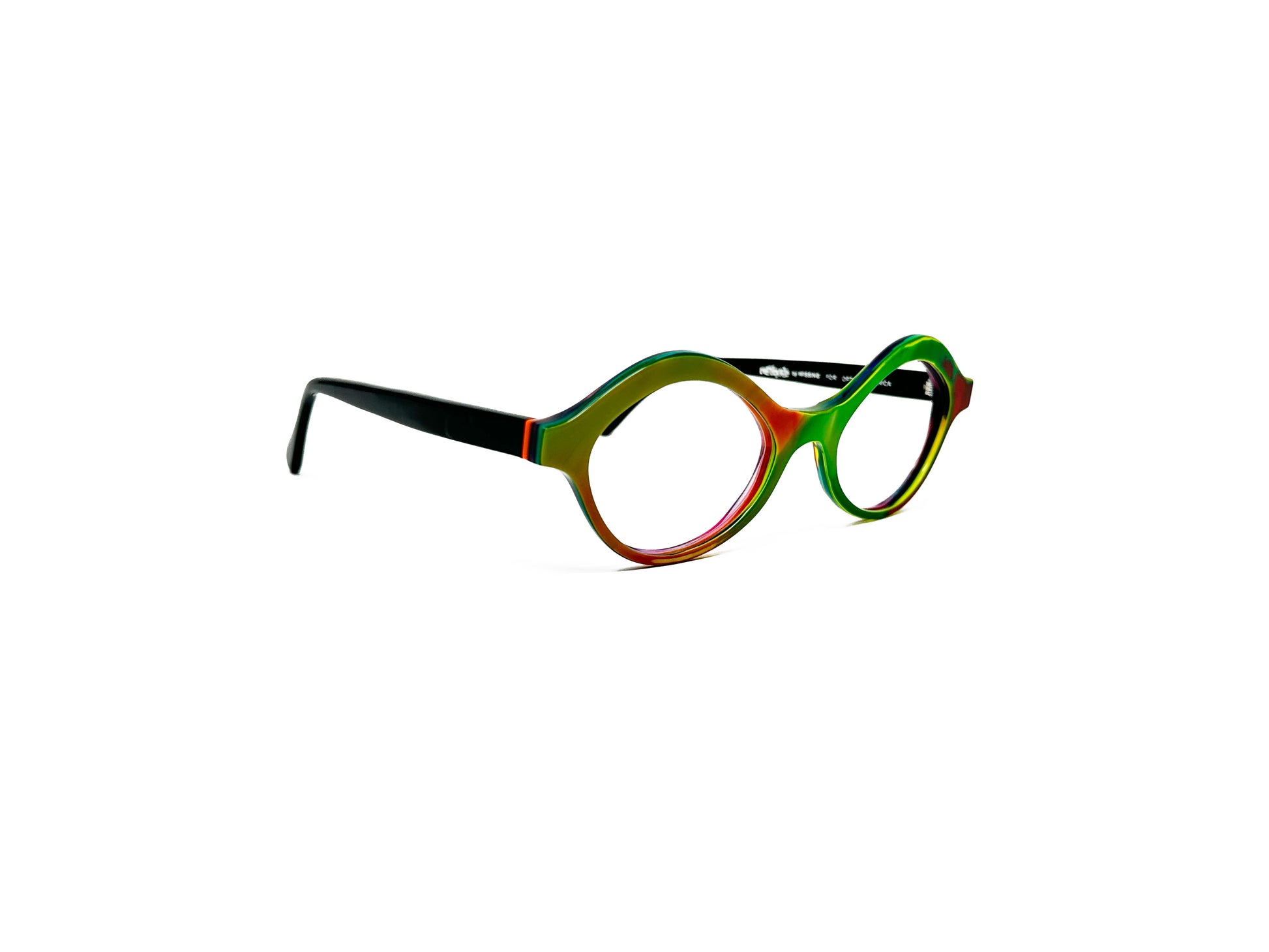 Viktlos recycled acetate, angled, wavy. cat-eye like optical frame. Model: 3100. Color: 01259 - Green and red. Side view.