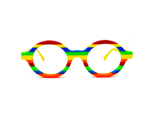 Viktlos round acetate optical frame. Model: 3157. Color: 1736 - Rainbow stripes. Front view.