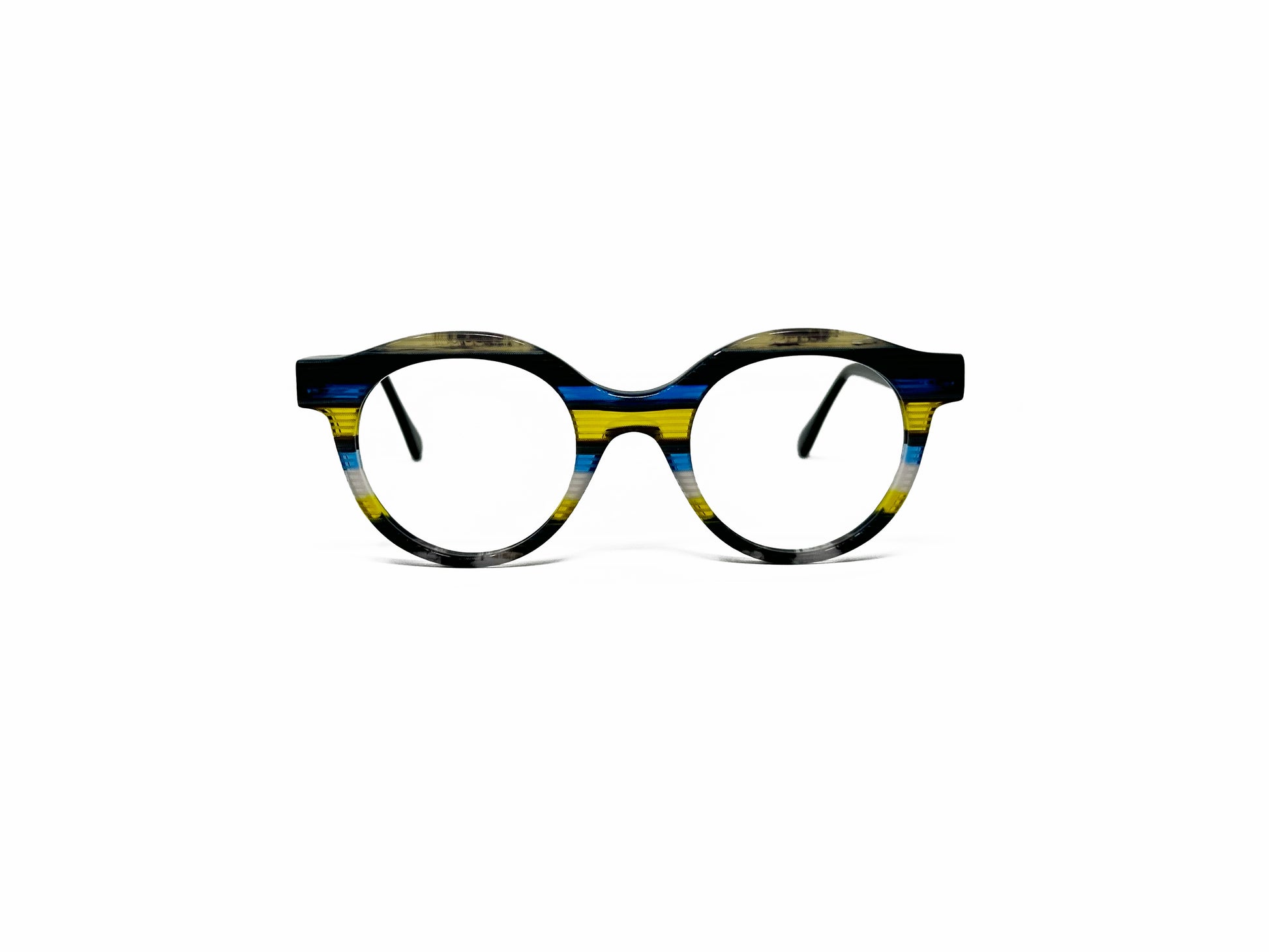 Viktlos round acetate optical frame. Model: 3160. Color: 1778RE85 - Blue, yellow, and clear stripes. Front view. 