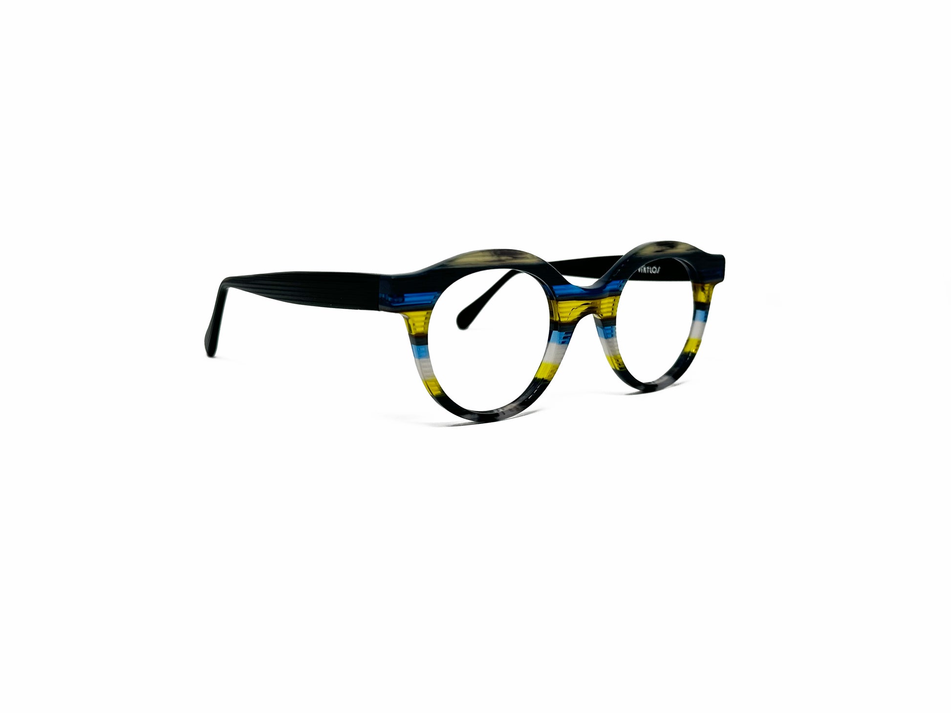 Viktlos round acetate optical frame. Model: 3160. Color: 1778RE85 - Blue, yellow, and clear stripes. Side view.