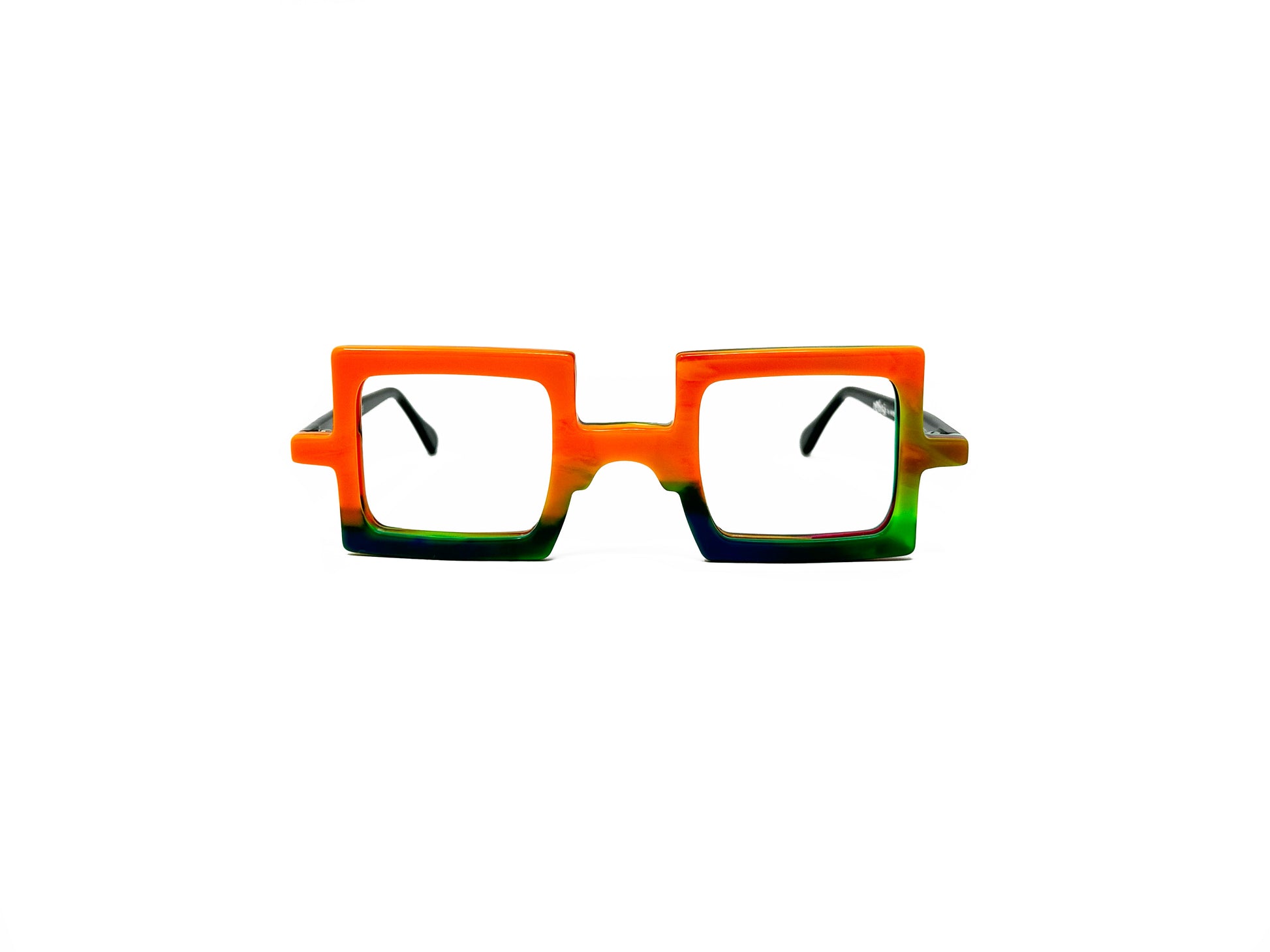 Viktlos square optical frame made from recycled acetate. Model: 3273. Color: 02261 - Orange and green. Front view. 