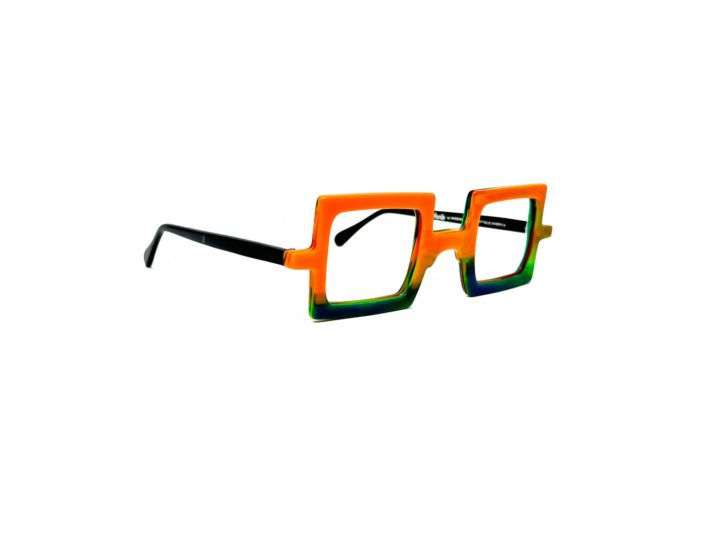 Viktlos square optical frame made from recycled acetate. Model: 3273. Color: 02261 - Orange and green. Side view.