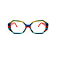 Viktlos rectangular heptagon shaped acetate optical frame. Model: 3318. Color: 1759RE87 - Multi-colored blue, red, green, and yellow stripes. Front view. 
