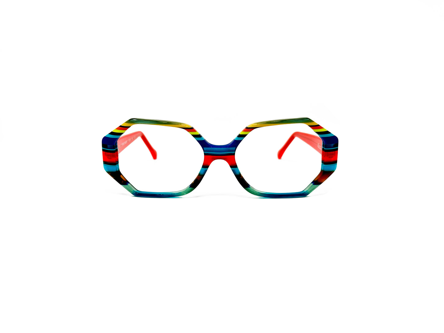Viktlos rectangular heptagon shaped acetate optical frame. Model: 3318. Color: 1759RE87 - Multi-colored blue, red, green, and yellow stripes. Front view. 