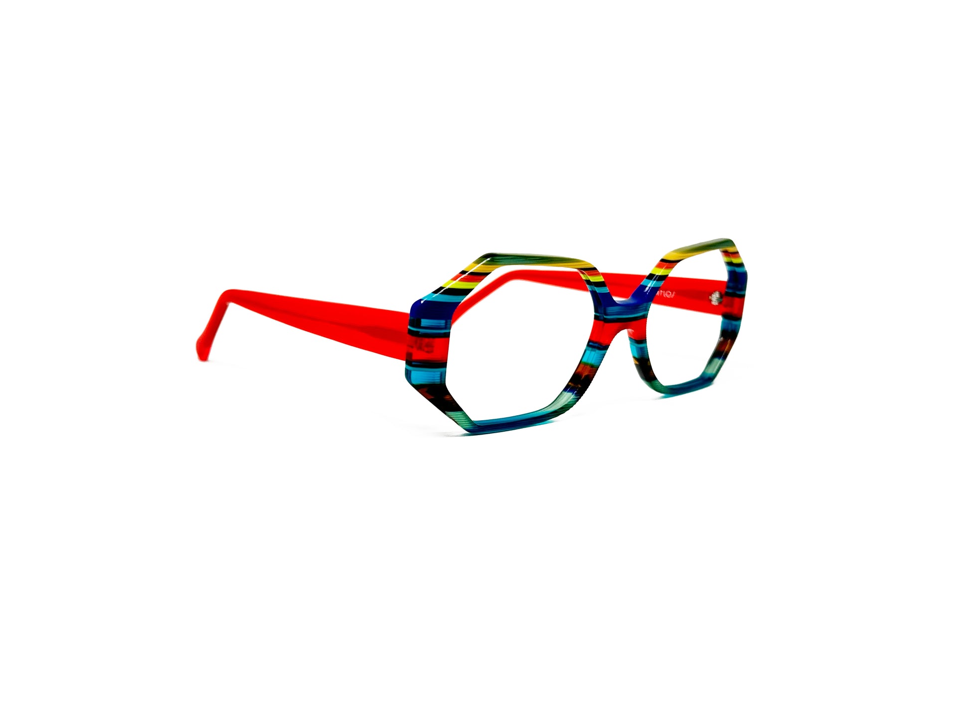 Viktlos rectangular heptagon shaped acetate optical frame. Model: 3318. Color: 1759RE87 - Multi-colored blue, red, green, and yellow stripes, with yellow temples. Side view.