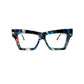 Viktlos recycled acetate optical frame. Upward angled rectangular frame. Model: RC007. Color: 02592, Multi-colored blue marble pattern. Front view. 