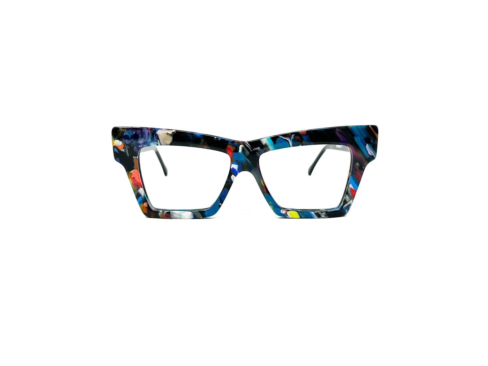 Viktlos recycled acetate optical frame. Upward angled rectangular frame. Model: RC007. Color: 02592, Multi-colored blue marble pattern. Front view. 