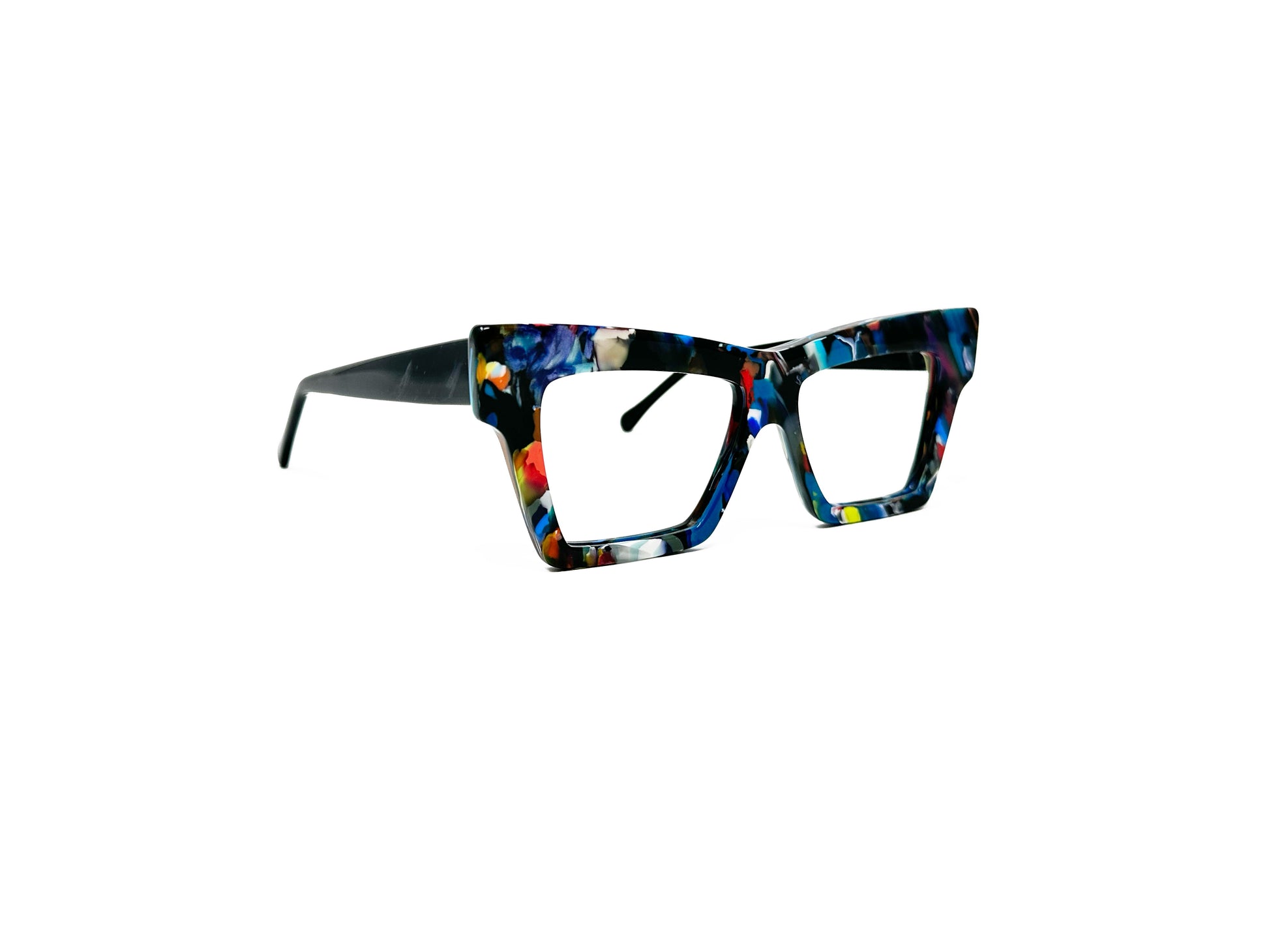 Viktlos recycled acetate optical frame. Upward angled rectangular frame. Model: RC007. Color: 02592, Multi-colored blue marble pattern. Side view.