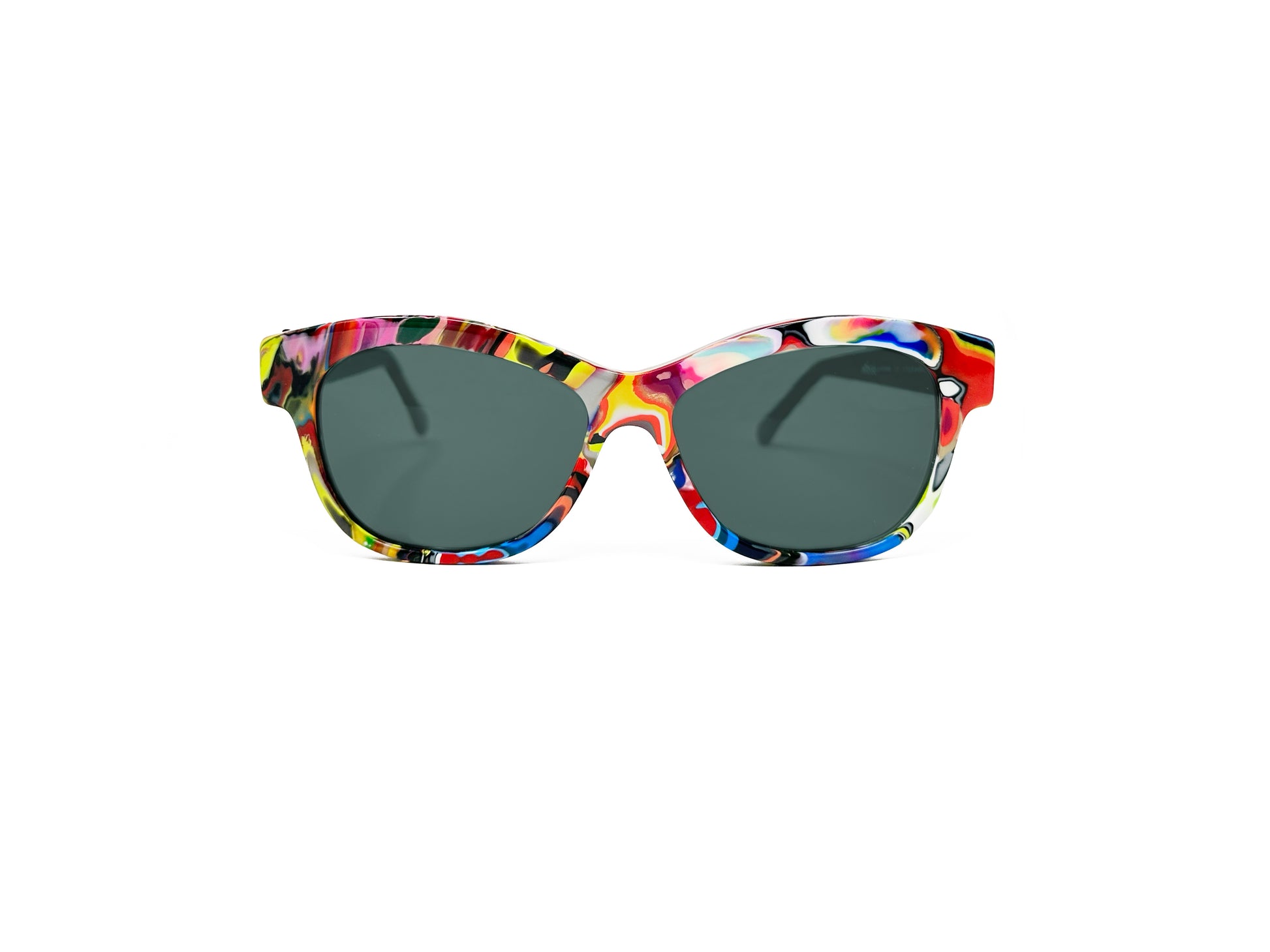 Viktlos rounded-square, recycled acetate sunglass. Model: RC013. Color: 1424 - Multi-colored swirls. Front view. 