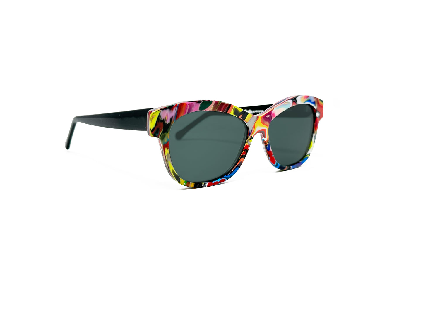 Viktlos rounded-square, recycled acetate sunglass. Model: RC013. Color: 1424 - Multi-colored swirls. Side view.