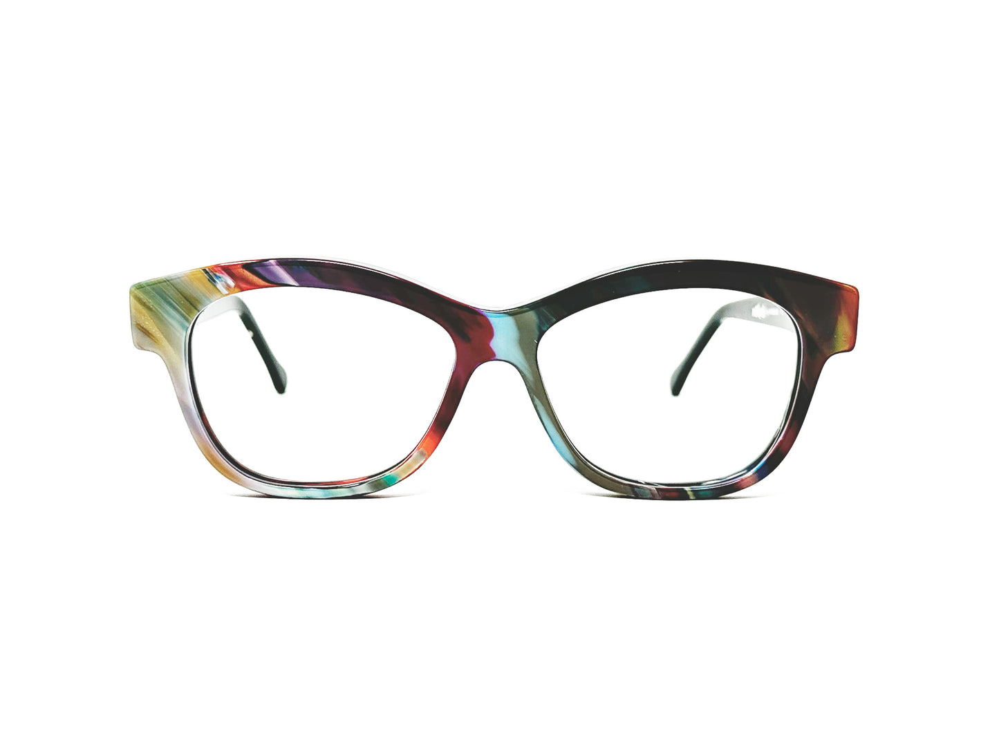 Viktlos recycled acetate optical frame. Square shaped with soft, lifted angles and v-curve on top of frame. Model: RC013. Color: 2638 - Cool toned multi-color. Front view.