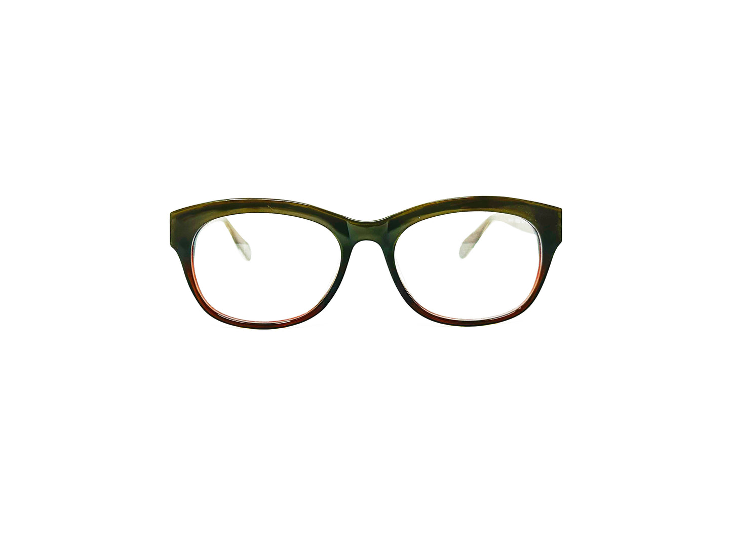 Viktlos curved wayfarer style optical frame. Model: Spirit. Color: C105 - Olive Green to Brown gradient. Front view.