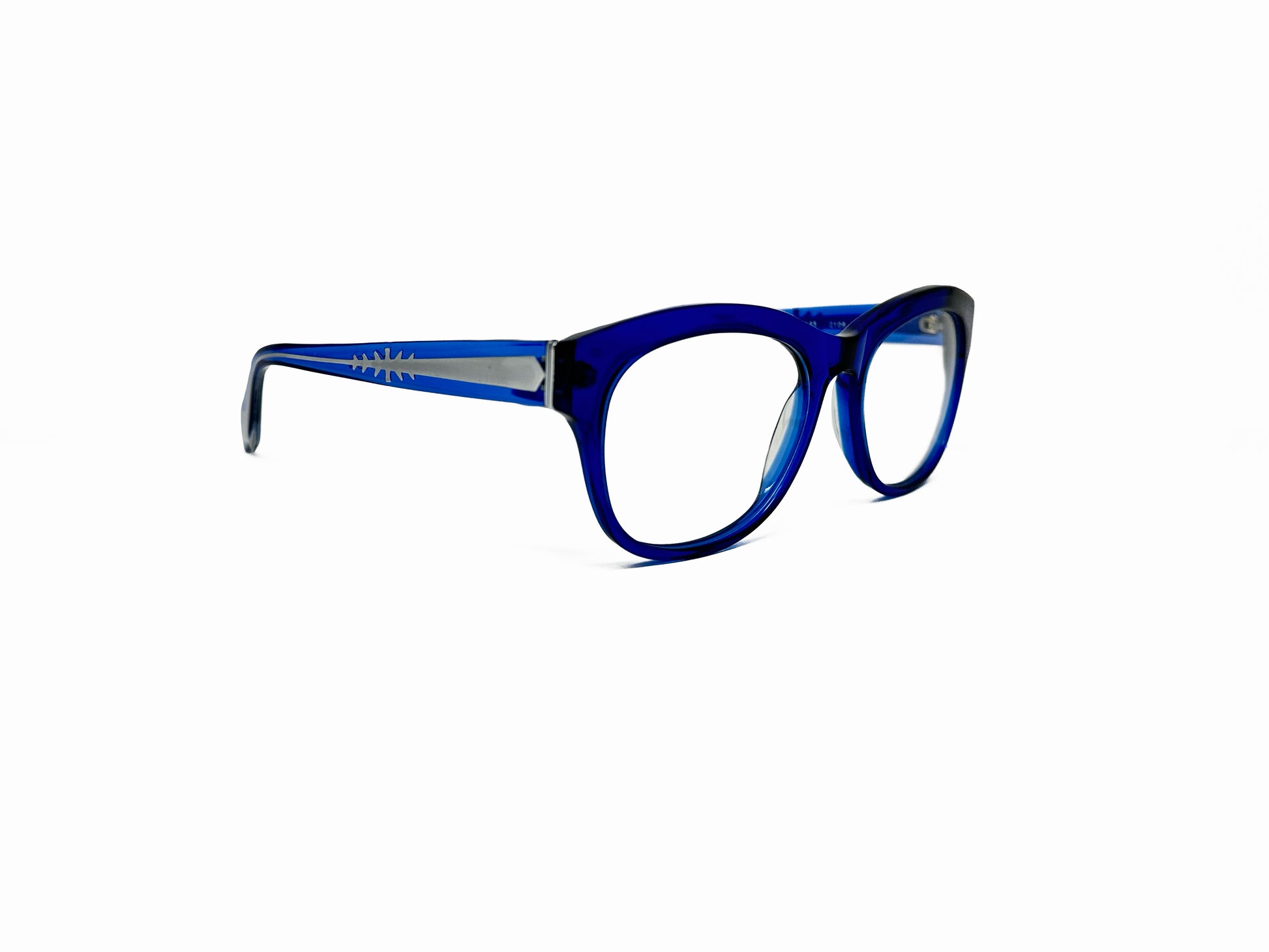 Viktlos curved wayfarer style optical frame. Model: Spirit. Color: C106 - Blue. Side view.