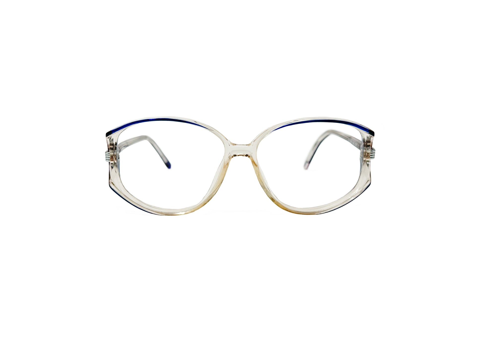 Wilshire Designs acetate butterfly optical frame. Model: WD869. Color: BLV - Transparent with blue accent on top of frame. Front view. 