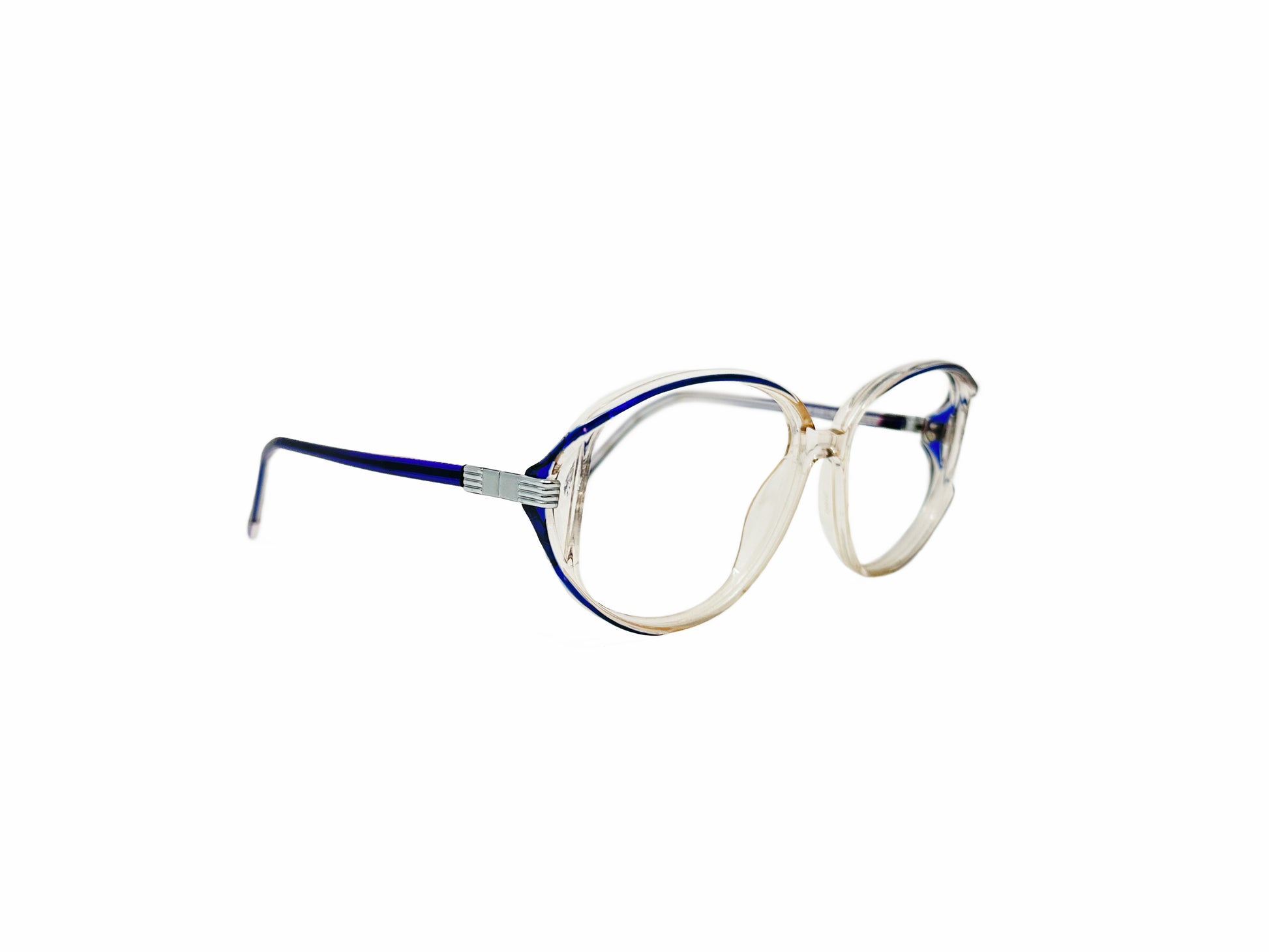 Wilshire Designs acetate butterfly optical frame. Model: WD869. Color: BLV - Transparent with blue accent on top of frame. Side view.