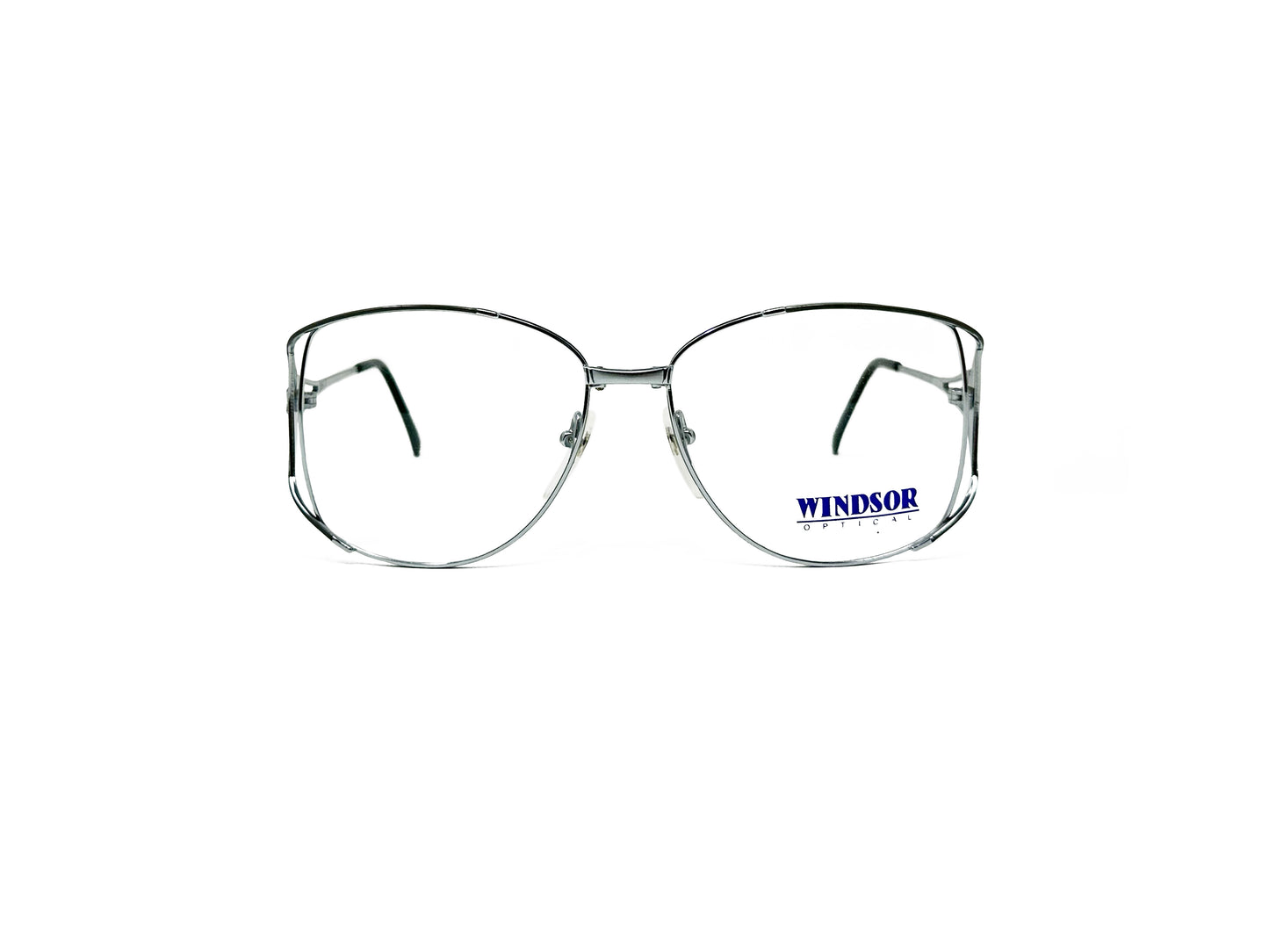 Windsor Optical metal butterfly optical frame. Curved top and bottom with straighter sides and wire cut-outModel: Tetra. Color: GR- Silver. Front view. 