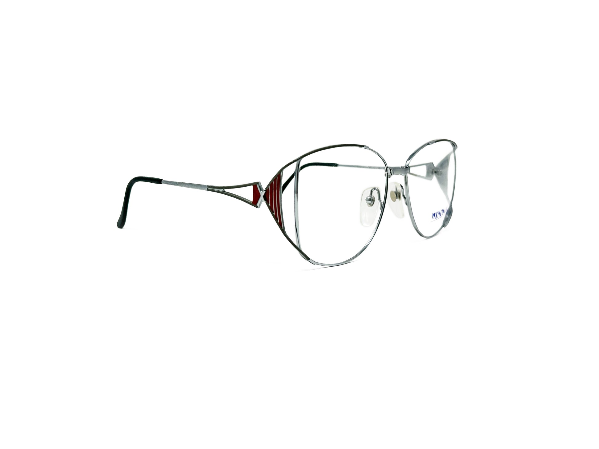Windsor Optical metal butterfly optical frame. Curved top and bottom with straighter sides and wire cut-outModel: Tetra. Color: GR- Silver. Side view.