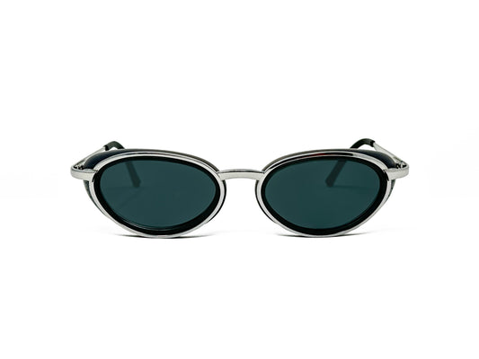 [X]OOR upward-angled, oval, metal, polarized sunglass. Model: 2925. Color: B - Silver with grey lenses. Front view.