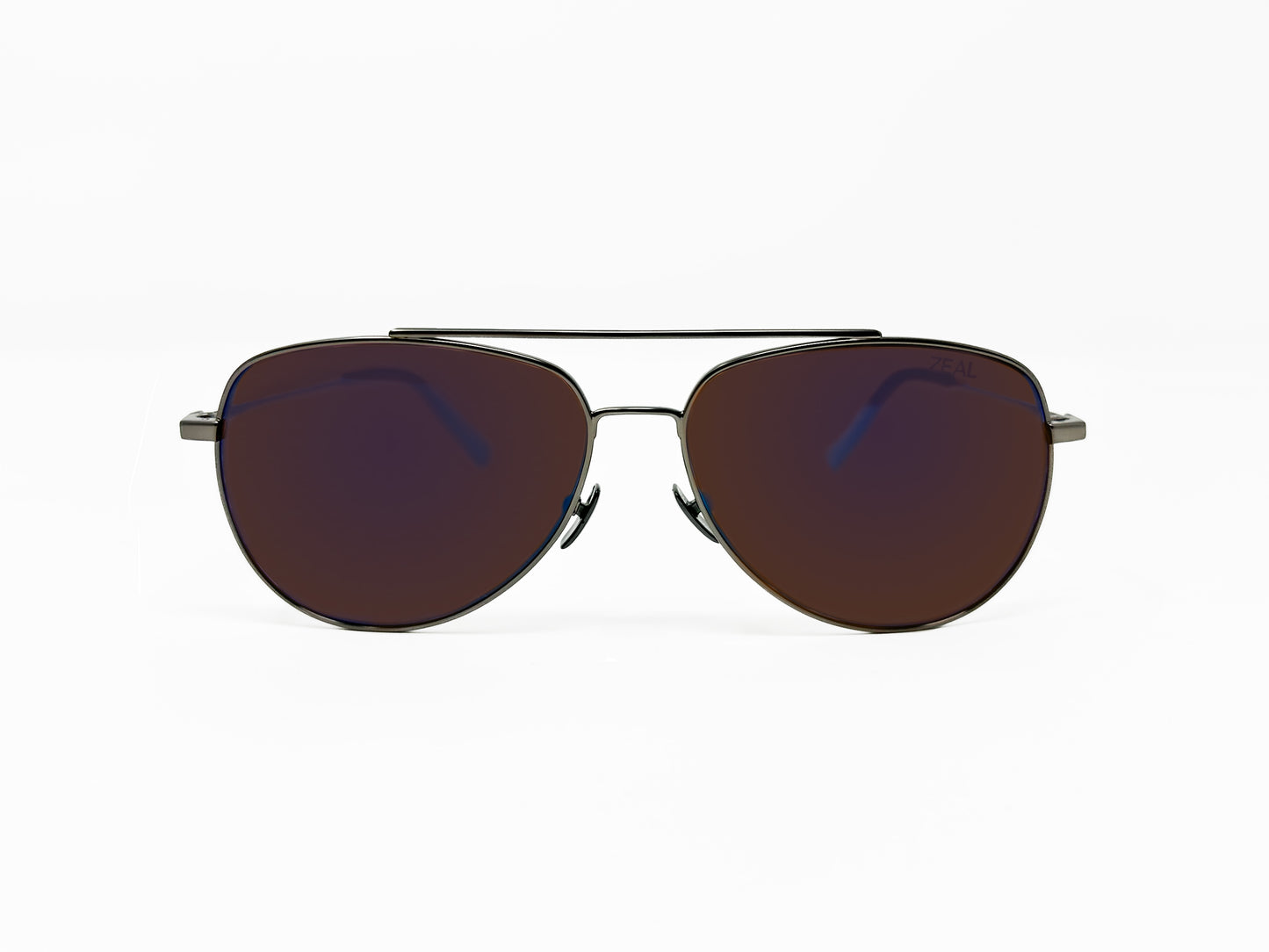 Zeal Optics rounded aviator style polarized sunglass. Model: Hawker. Color: 12720 - Gunmetal with brown lens with blue flash. Front view.